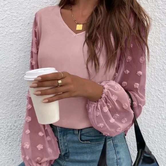 Boho Swiss Polka Dot Sheer Sleeve Top - Picture 4 of 12